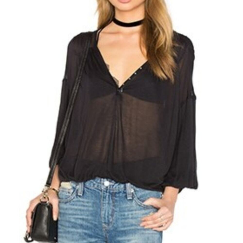 Free People Peaks Island Black Slouchy Jersey Henley Top Size XS
